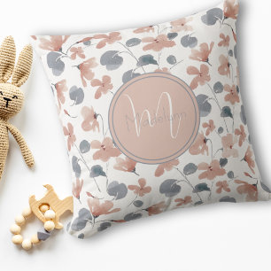 Monogram Blush Pink and Gray Watercolor Floral Throw Pillow
