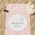 Monogram Blush Pink and White Beach Towel<br><div class="desc">Lined with a thin pink border,  a large Monogram in Rose Quartz with contrasting gray text for names of the couple and the date. 

Goes perfectly with all the wedding items in blush or any warm pink,  with a soft romantic feel to the style.</div>