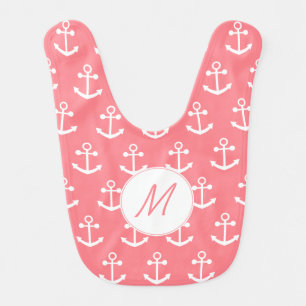 Monogram Blush Pink and White Nautical Anchor Bib