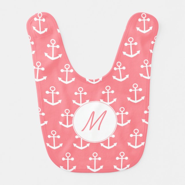 Monogram Blush Pink and White Nautical Anchor Bib (Front)