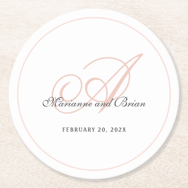 Monogram Blush Pink and White Round Paper Coaster (Front)