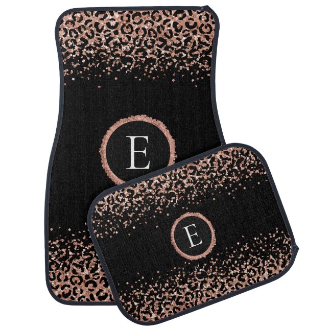 Monogram Blush Pink Black Leopard animal print Car Floor Mat (Set)
