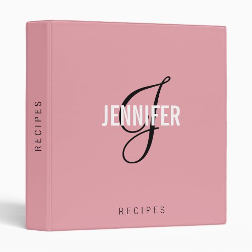 Monogram Blush Pink Black Script Name Recipe   3 Ring Binder