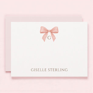Monogram Blush Pink Bow Watercolor Note Card