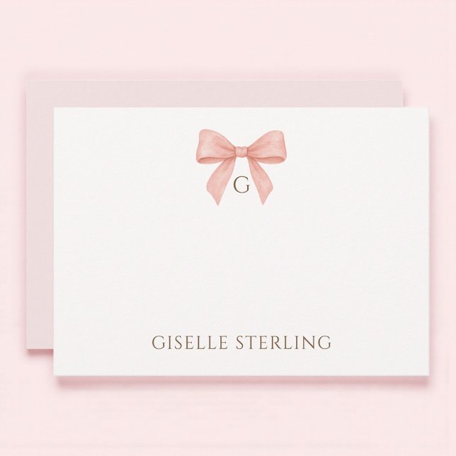 Monogram Blush Pink Bow Watercolor Note Card (Creator Uploaded)