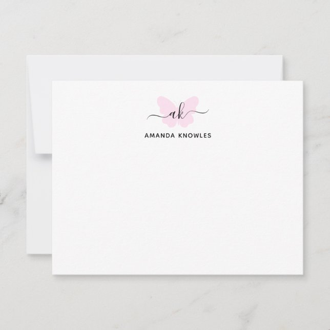 Monogram Blush Pink Butterfly Minimalist Girly Note Card (Front)