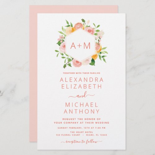 Monogram Blush Pink Citrus Floral Wedding