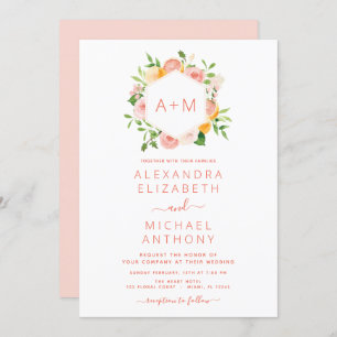 Monogram Blush Pink Citrus Floral Wedding Invitati Invitation
