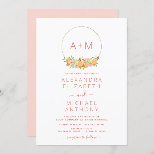 Monogram Blush Pink Citrus Floral Wedding Invitati Invitation