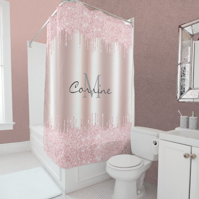 Monogram Blush Pink Dbl Dripping Glitter Metallic Shower Curtain (Creator Uploaded)