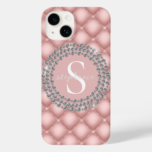 Monogram Blush Pink Diamonds Tufted Sparkly Custom Case_Mate iPhone 14 Case