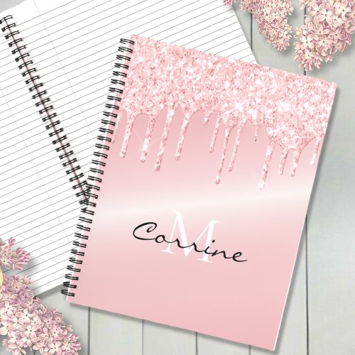 Monogram Blush Pink Dripping Glitter Metallic Notebook