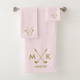 Monogram Blush Pink   Elegant Gold Golf Club-logo Bath Towel Set
