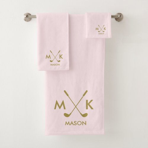 Monogram Blush Pink  Elegant Gold Golf Club_logo Bath Towel Set