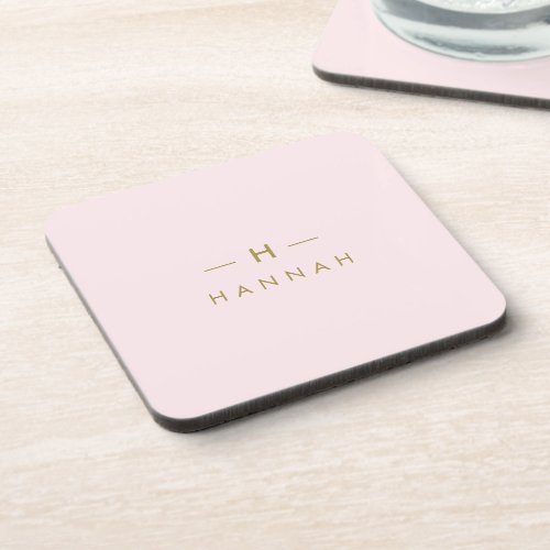 Monogram Blush Pink  Elegant Gold Minimalist Beverage Coaster