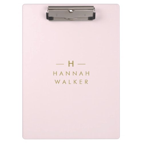 Monogram Blush Pink  Elegant Gold Minimalist Clipboard