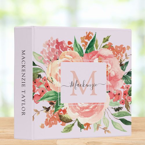 Monogram Blush Pink Floral Bouquet 3 Ring Binder