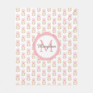 Monogram Blush Pink Floral Pattern Fleece Blanket