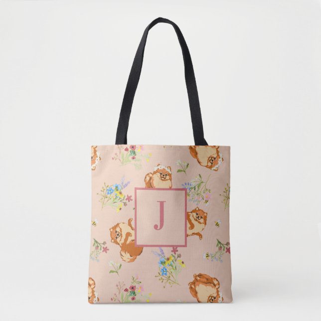 Monogram Blush Pink Floral Pomeranian Pattern Tote Bag (Front)