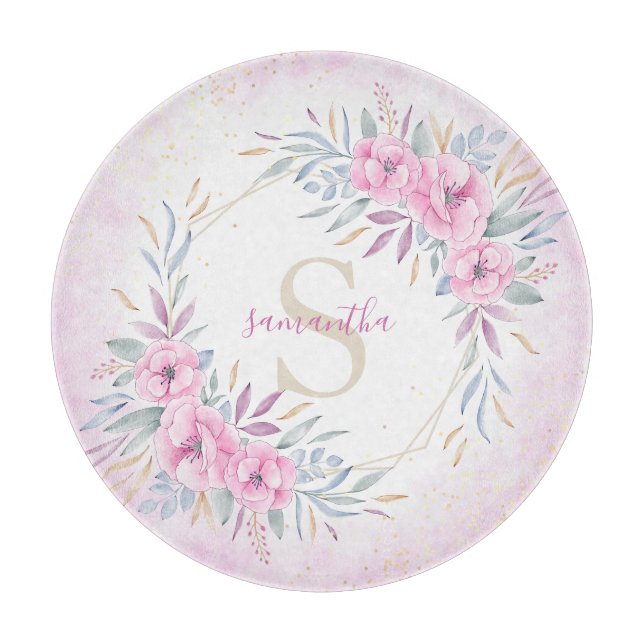 Monogram Blush Pink Floral Watercolor Elegant Cutting Board (Front)