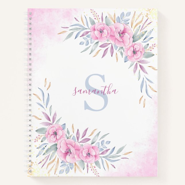 Monogram Blush Pink Floral Watercolor Elegant Notebook (Front)