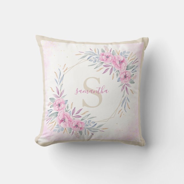 Monogram Blush Pink Floral Watercolor Elegant Throw Pillow (Front)
