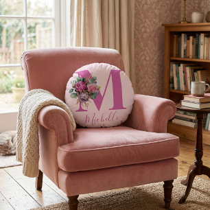 Monogram Blush Pink Floral Watercolor Initial Name Round Pillow