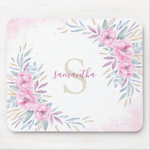 Monogram Blush Pink Flowers Watercolor Cute Boho Mouse Pad