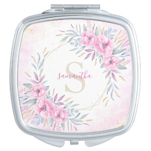 Monogram Blush Pink Flowers Watercolor Elegant Compact Mirror