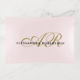 Monogram blush pink gold black name elegant trinket tray