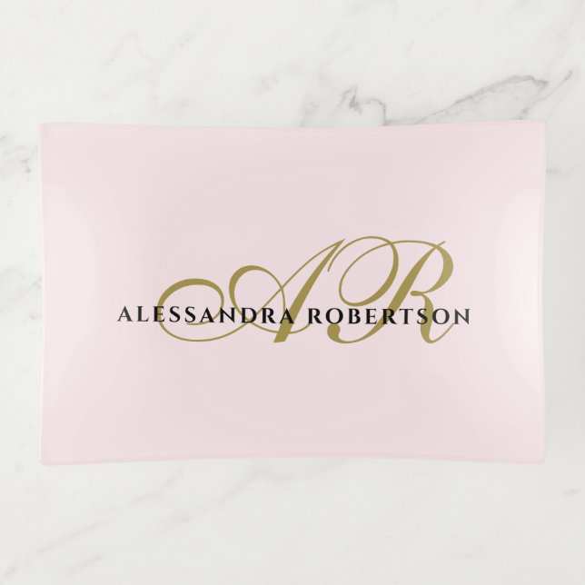 Monogram blush pink gold black name elegant trinket tray (Front)