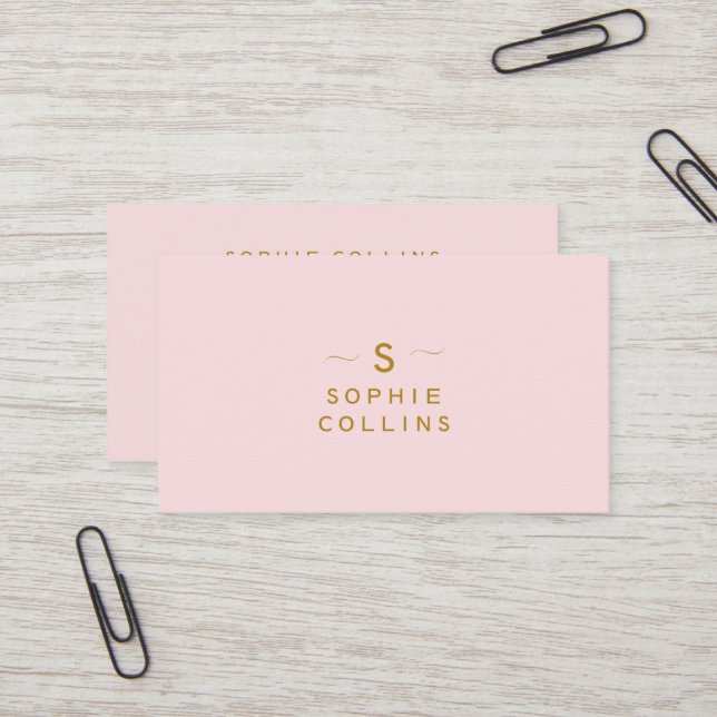 Monogram Blush Pink Gold Minimalist Elegant Business Card (Front/Back In Situ)