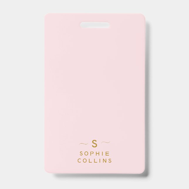 Monogram Blush Pink Gold Minimalist Elegant Name Badge (Front)