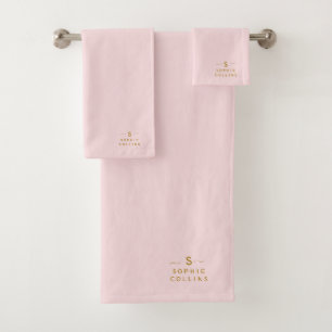 Monogram Blush Pink Gold Minimalist Elegant Name Bath Towel Set