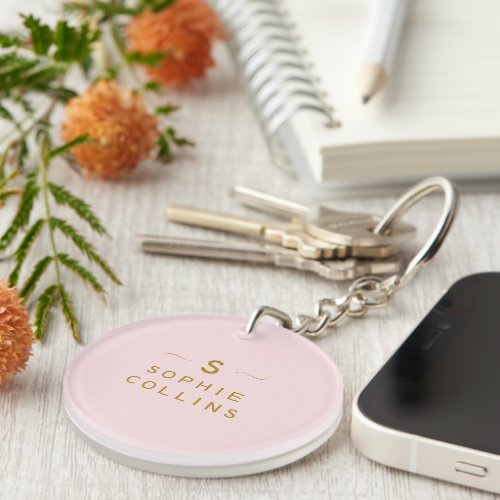 Monogram Blush Pink Gold Minimalist Elegant Name T Keychain