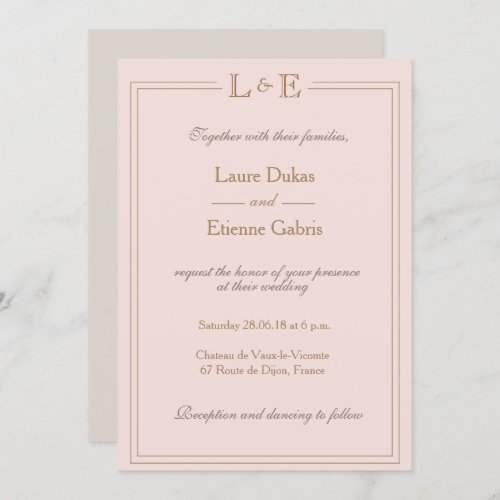 Monogram blush pink gold rose gray modern wedding invitation