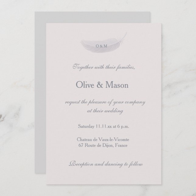 Monogram Blush Pink Gray Feather Elegant Wedding Invitation (Front/Back)