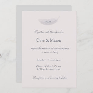 Monogram Blush Pink Gray Feather Elegant Wedding Invitation