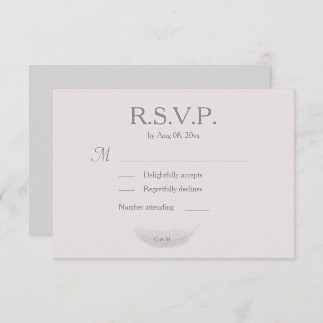 Monogram Blush Pink Gray Feather Wedding RSVP Invitation (Front/Back)