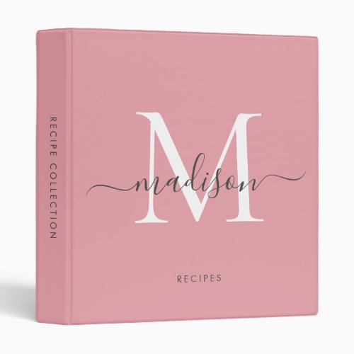 Monogram Blush Pink Gray Script Kitchen Recipe 3 Ring Binder