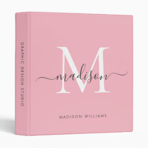 Monogram Blush Pink Gray Script Office School 3 Ring Binder