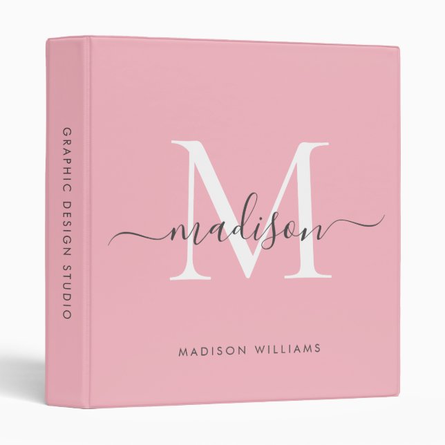 Monogram Blush Pink Gray Script Office School 3 Ring Binder (Front/Spine)