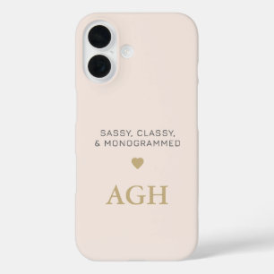 Monogram Blush Pink Gray Typography Gold Heart  iPhone 16 Case