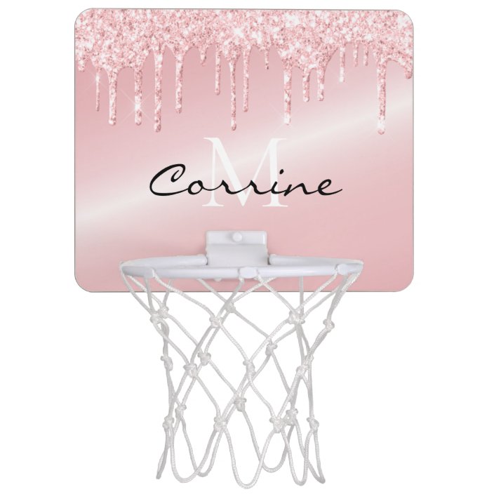 Monogram Blush Pink Metallic Dripping Glitter Mini Basketball Hoop