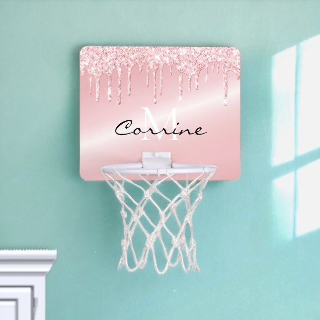 Monogram Blush Pink Metallic Dripping Glitter Mini Basketball Hoop (Creator Uploaded)