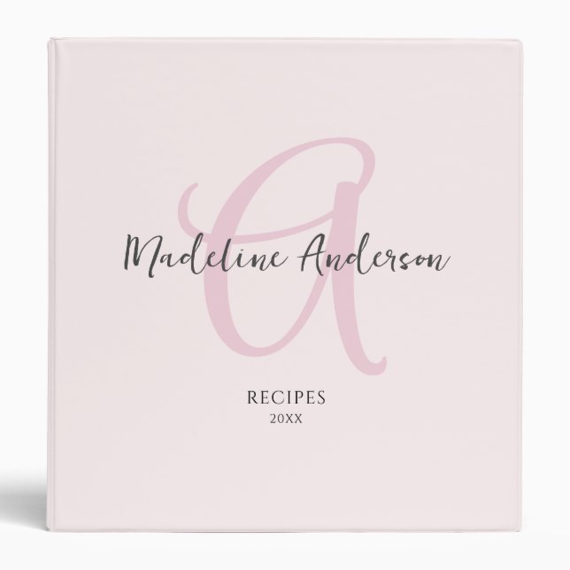 Monogram Blush Pink Modern Minimalist Feminine 3 Ring Binder (Front)
