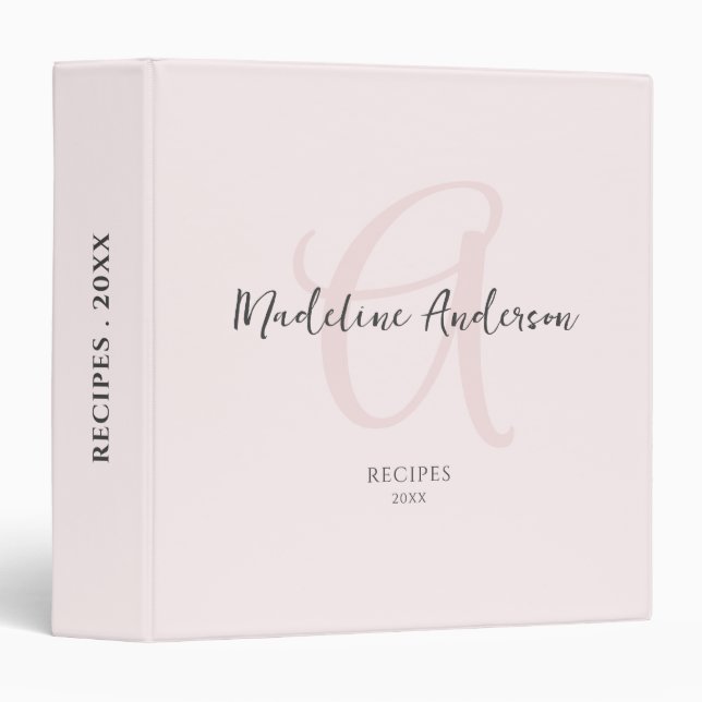 Monogram Blush Pink Modern Minimalist Feminine 3 Ring Binder (Front/Spine)