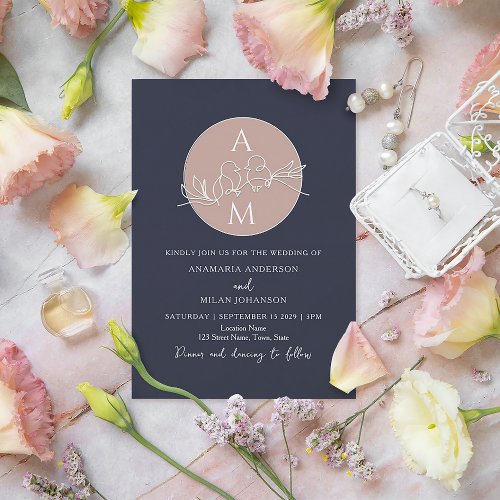 Monogram Blush Pink Navy Blue Wedding Invitation