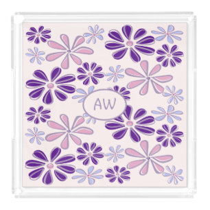 Monogram Blush Pink Purple Flower Doodle Vanity Acrylic Tray