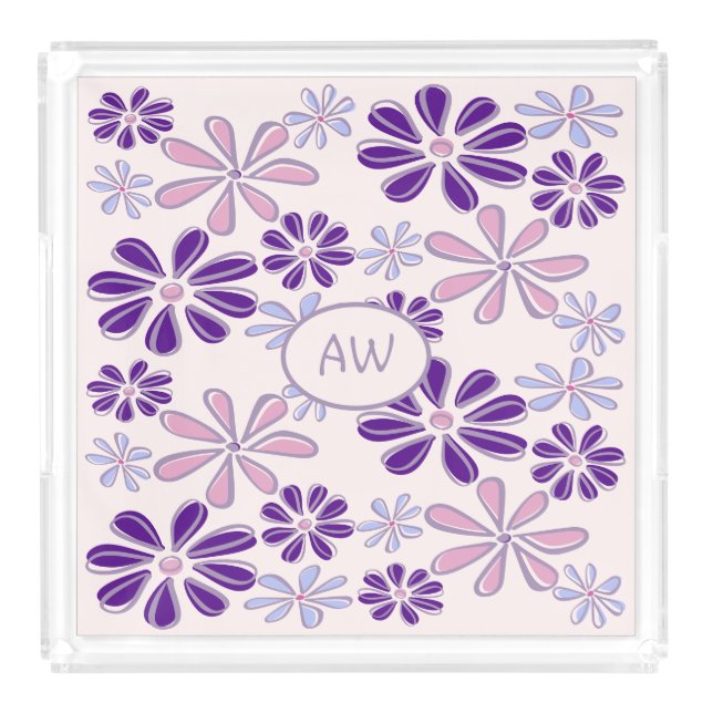 Monogram Blush Pink Purple Flower  Doodle Vanity Acrylic Tray (Front)